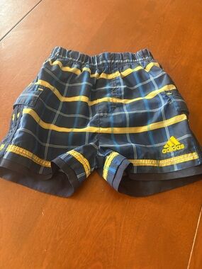 adidas Navy & Yellow Plaid Kids' Swim Shorts